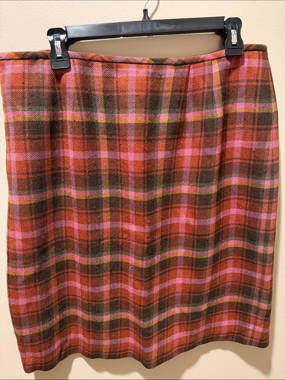 VTG Lands' End 100% Wool Plaid Pencil Skirt Pink Brown Size 16 Regular
